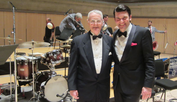 BRUCE PHILP, left, with Nick Hilscher, today's leader of the Glenn Miller Orchestra, at Roy Thomson Hall March 13.
