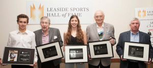Inductees from left to right; Athlete of the Year Reid Humphrey, Tom Irwin (son of inductee Arthur "Laurie" Irwin), Gabby Smyth (granddaughter of inductee Pat (Watt) Friesen), inductee George Armstrong and inductee Norm "Charlie" Ahier. Inductee Annie Fahlenbock was in Hawaii on her honeymoon. Her sister Meghan accepted the award. Photo: Jeremy Lewis.