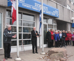 Finnish Canadian residents of the Suomi Koti Centre on Eglinton recently marked their independence from Russia on Dec. 6, 1917 by singing the Finnish national anthem and raising flags. The Maple Leaf was hoisted by 90-year-old Pauli Paavola while 97-year-old Veikko Kallio – who fought in the 1939 Winter War – raised the Finnish flag.