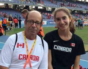 Dave Christiani with Emily Cohen last year in Cali, Colombia for the World Youth (under 18) Track and Field Championships. Cohen was ranked #1 in Canada for 1,500 metres and #2 for 800 metres for girls. She ended the season as #28 in the world for 1,500 metres.