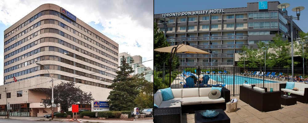 The Best Western Roehampton Hotel and the Toronto Don Valley Hotel & Suites are the closest hotels to Leaside