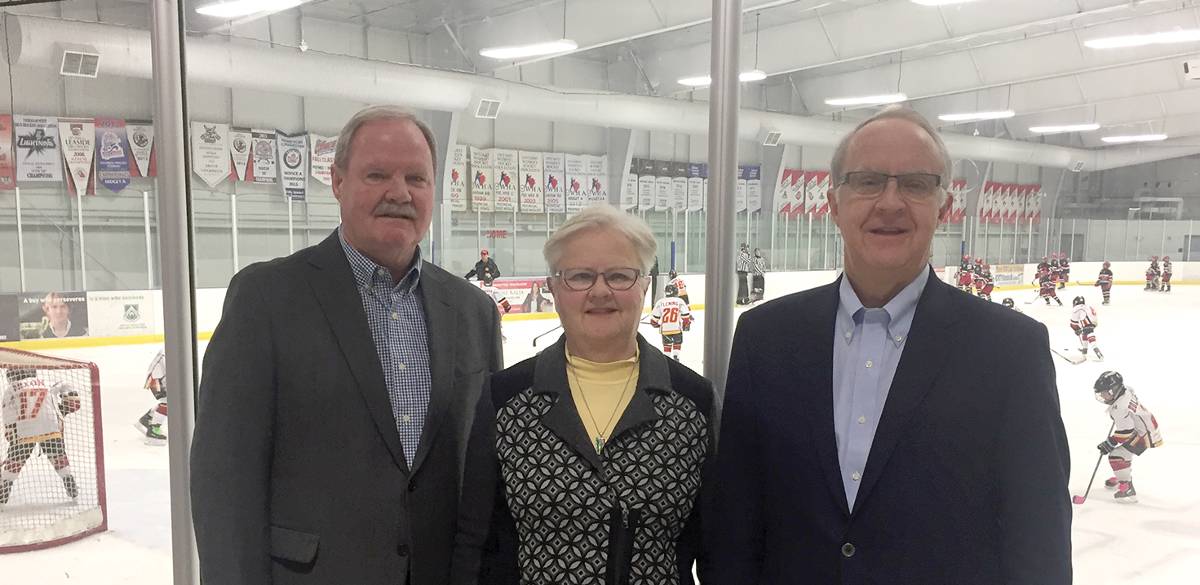 l-r: Bob, Jane and Bill Pashby in what is now officially the Dr. Tom Pashby Play Safely Rink. Photo by Allan Williams