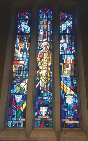 The large stained glass window on the western end of the church facing Bayview Avenue depicts St. Augustine of Canterbury, for whom the church is named. Photo by Allan Williams.