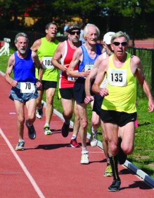 Robert Moore leading the pack at an Ontario Masters Athletics race at the Toronto Track & Field Centre, York University. In third place is the legendary Ed Whitlock, a long-time friend of Bob Moore’s, who died in March 2017. Photo by Doug "Shaggy" Smith.