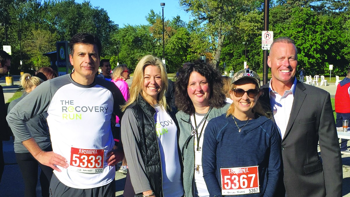 L-r, Joe Manget, CEO, and Cara Vaccarino, COO, of Edgewood Health Network; Kristen Cleary, Clinical Director of Bellwood Health Services, Bronwen Evans, CEO of True Patriot Love and Councillor Jon Burnside (Ward 26) at the Run for Recovery. Photo by Allan Williams.
