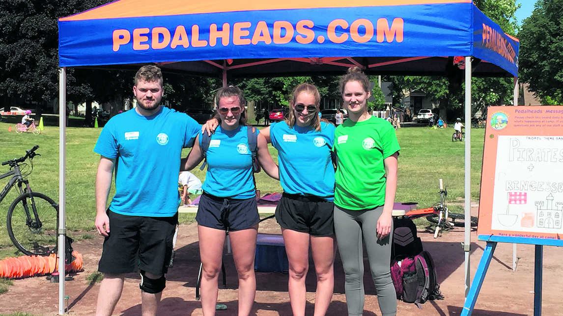 Site Manager Claire Scott (far right), and three of her instructors, who welcome up to 150 young cyclists each week to Leaside Pedalheads.