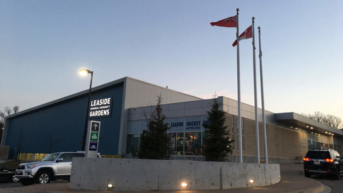 Leaside arena at dusk.