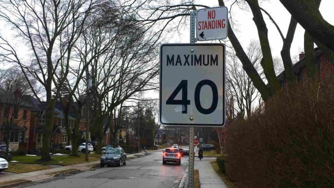 A speed limit sign in Leaside.