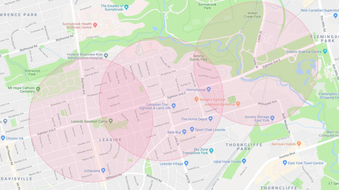 Major Transit Station Areas (MTSAs) show increased density across the Eglinton corridor.