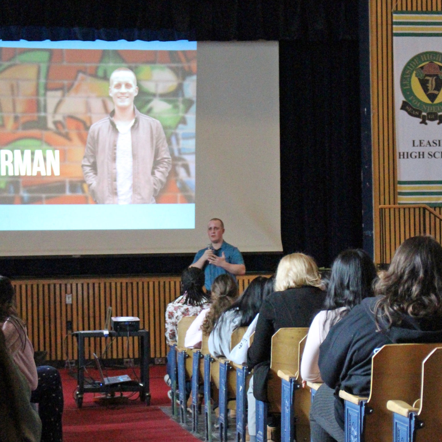 Josh Yandt speaking at the “kindness” assembly at Leaside High.