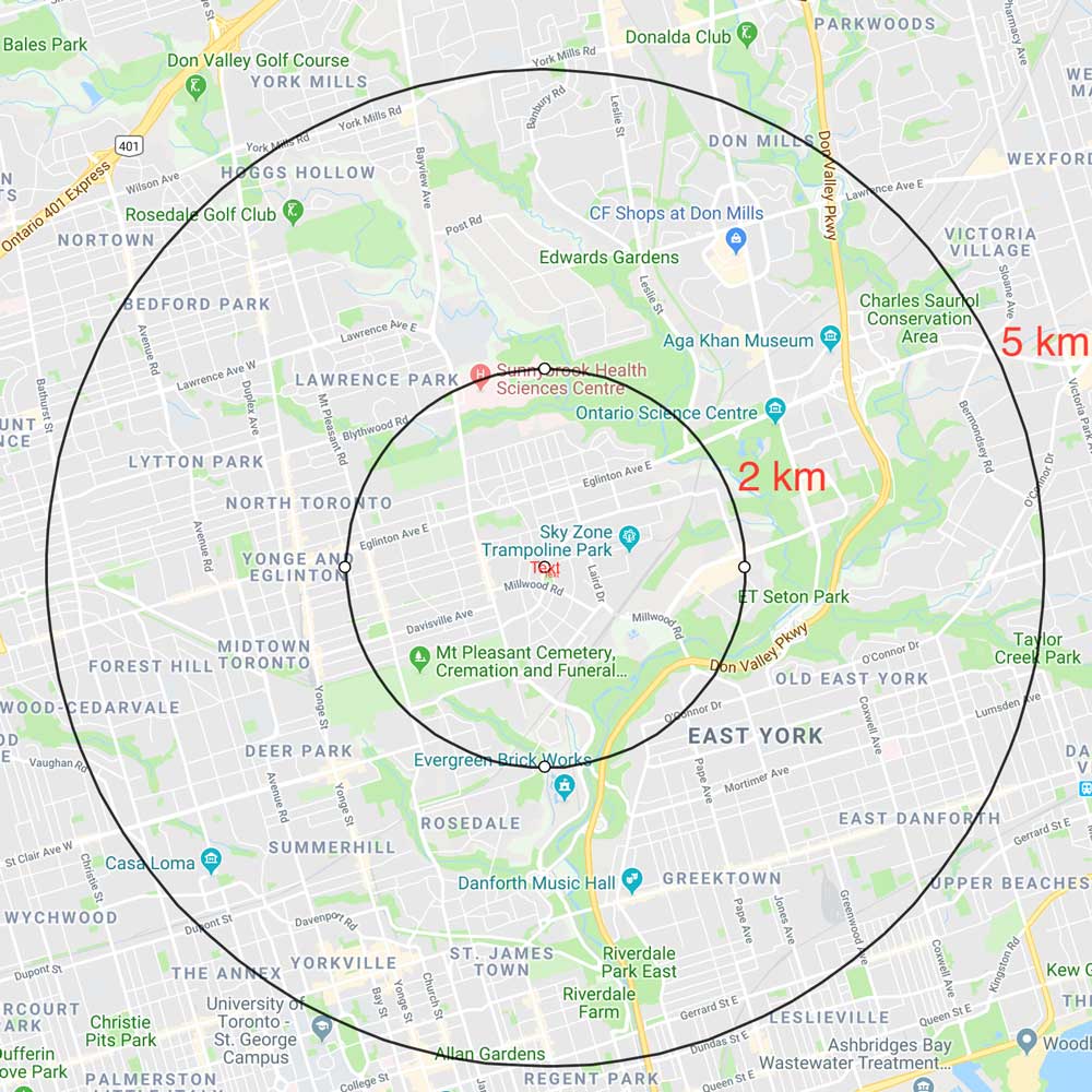 A 5-km radius from Leaside Library covers considerable territory.