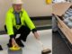 Left, Bruce Cook, 74, Leaside Curling Club’s last remaining active founding member, throws out a ceremonial first rock of the Club’s brand new set of rocks. Bruce has been curling at Leaside since he was 18 years old. Right, the new rocks arrive at Leaside Curling Club.