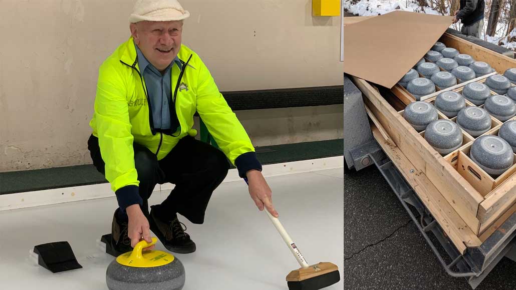 Left, Bruce Cook, 74, Leaside Curling Club’s last remaining active founding member, throws out a ceremonial first rock of the Club’s brand new set of rocks. Bruce has been curling at Leaside since he was 18 years old. Right, the new rocks arrive at Leaside Curling Club.