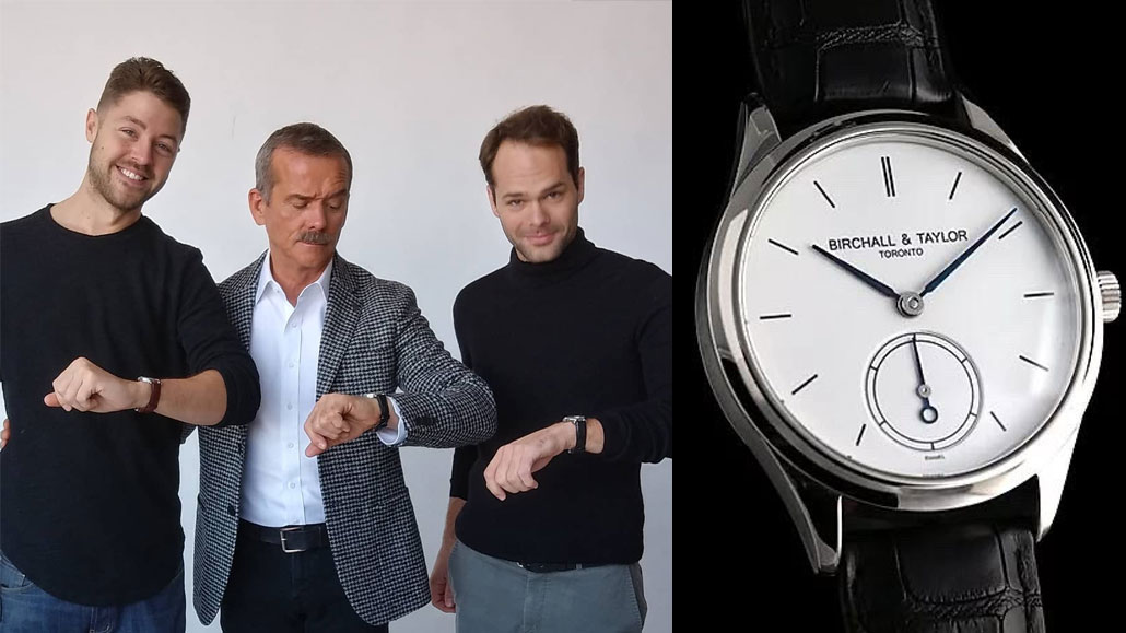 Leaside luxury watchmakers Brad Taylor (left) and Charles Birchall (right), with Chris Hadfield. Right, a Birchall & Taylor Reference 1R watch.