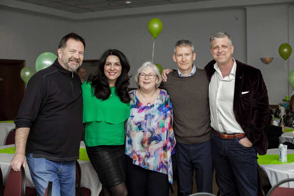 R: Christina Snelson, Lara Neal, Charlene Kalia and Selby Copeland. Below: Andy Elder, Charlene, Shannon Wiens, Nick Saul and Peter Neal.