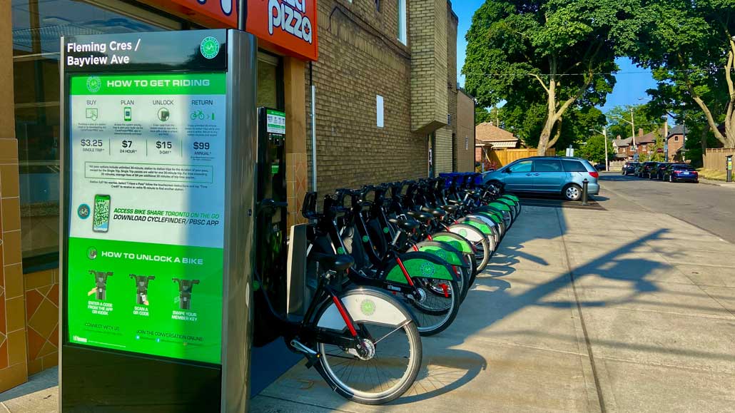 A Bike Share station at Fleming Crescent and Bayview Avenue. Photo by Holly Reid.