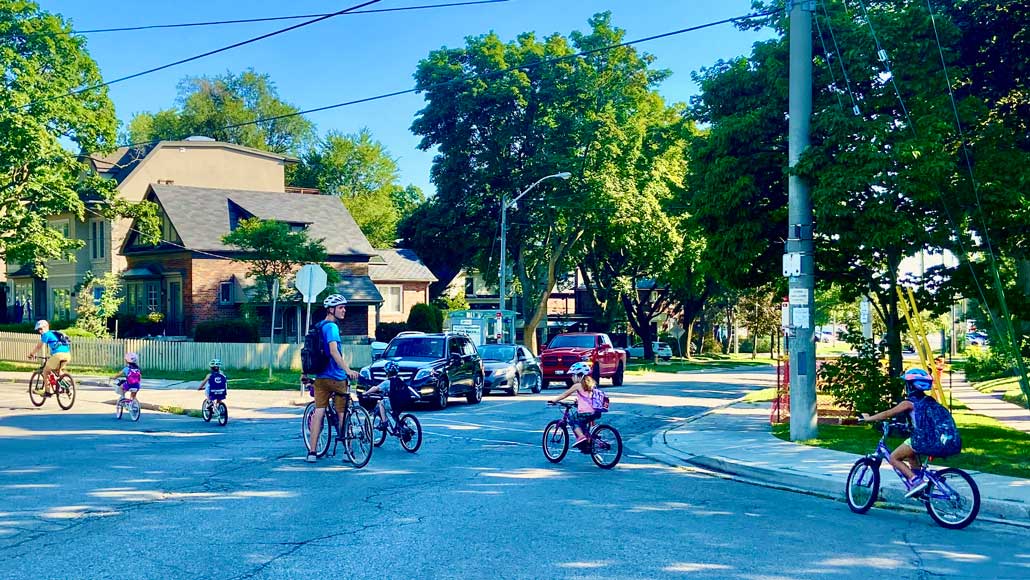 Try a “bike train” like Pedalheads. A parent at each end. One parent blocks the intersections as the train rolls through. Photo by HOLLY REID.