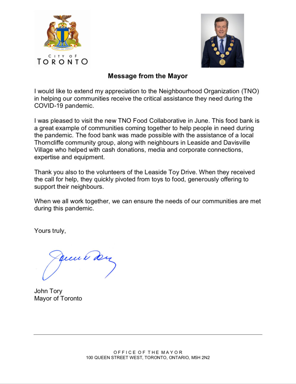 Mayor Tory congratulatory letter for the TNO Food Bank.