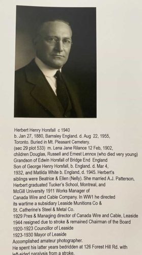 Photo and bio of Herbert Horsfall, former Mayor of the Town of Leaside. Taken from the Horsfall family history book and photographed by Storey Wilkins.
