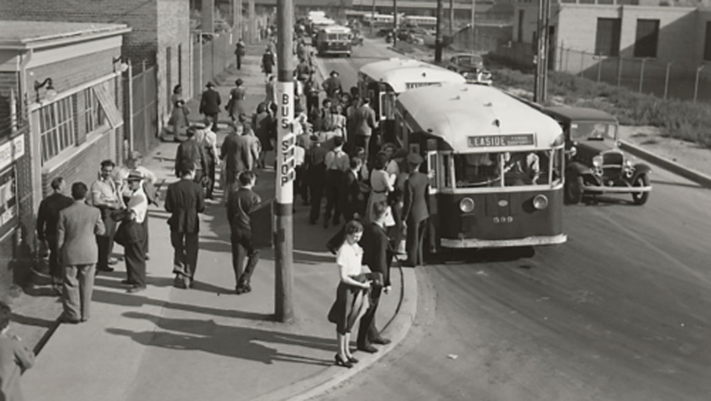 Buses at Research Enterprises Ltd., Leaside June 10, 1943 Fonds 16, Series 71, Item 14442J.