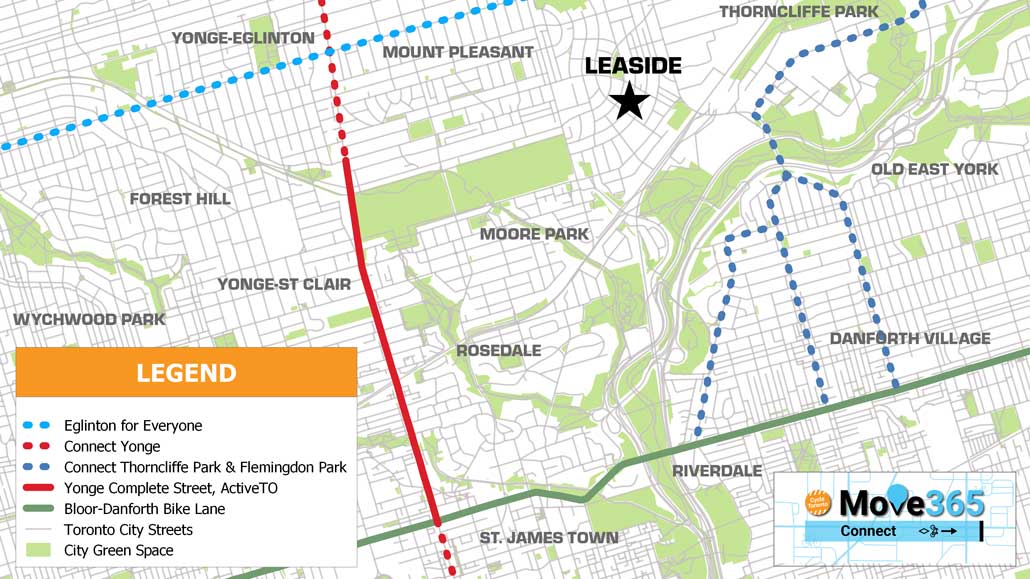 Image of Move365 Connect's plan for three new major bike routes throughout Toronto. Photo taken by Evan Brazeau.