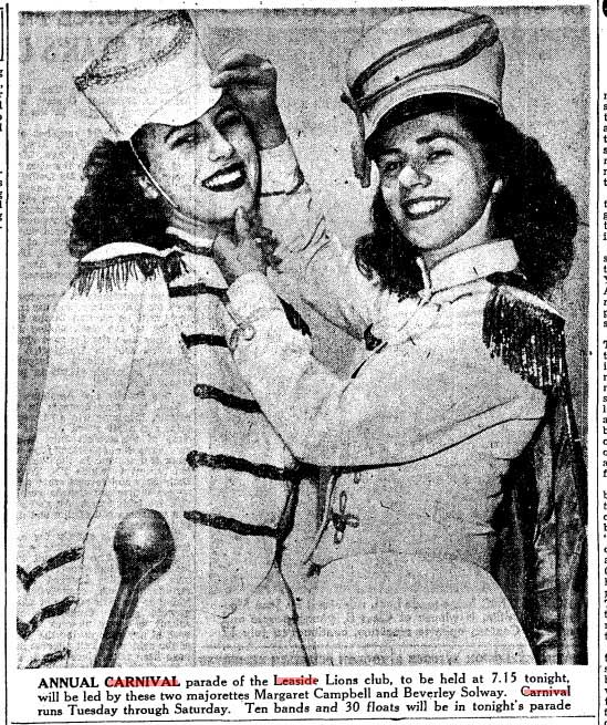 Photo of two Leaside Lions club majorettes Margaret Campbell and Beverley Solway.