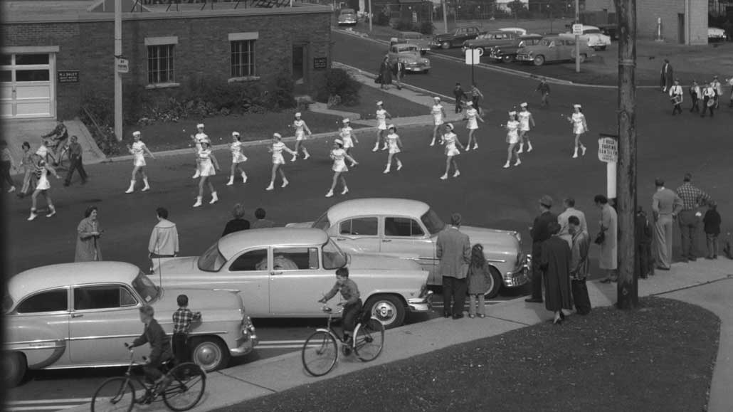 Picture of Leaside Fire Prevention Week parade, 1955. Photo taken by Toronto Public Library.