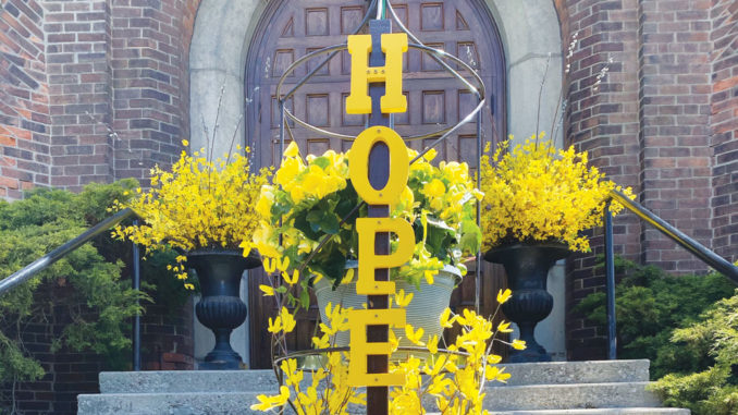 The planter in front of St. Cuthbert's Church. Photo by Kathi Davies.