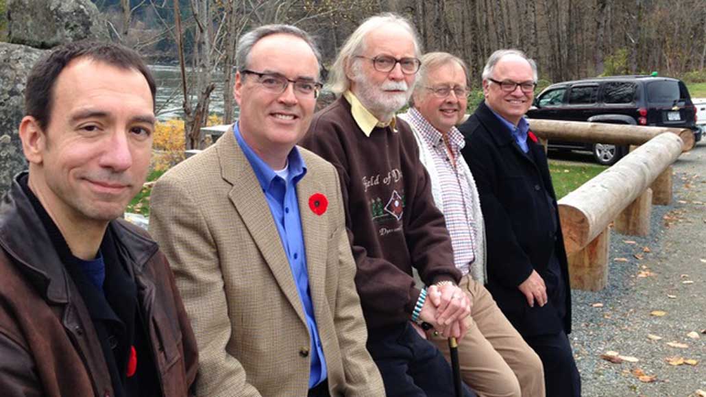 Photo of Five Leacock Medal winners in Yale, B.C. L-R: Trevor Cole, Terry Fallis, W.P. Kinsella, Dan Needles, Joe Kertes.