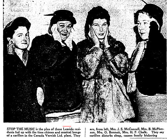 STOP THE MUSIC is the plea of these Leaside residents fed up with the time chimes and musical bongs of a carillon in the Canada Varnish Ltd. plant. THE TORONTO STAR, APRIL 9, 1959.