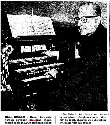 BELL RINGER is Rupert Edwards, varnish company president shown seated at his $66,000 carillon installed in his plant. Neighbor have taken him to court, charged with disturbing the peace with his chimes. THE TORONTO STAR, APRIL 9, 1959.