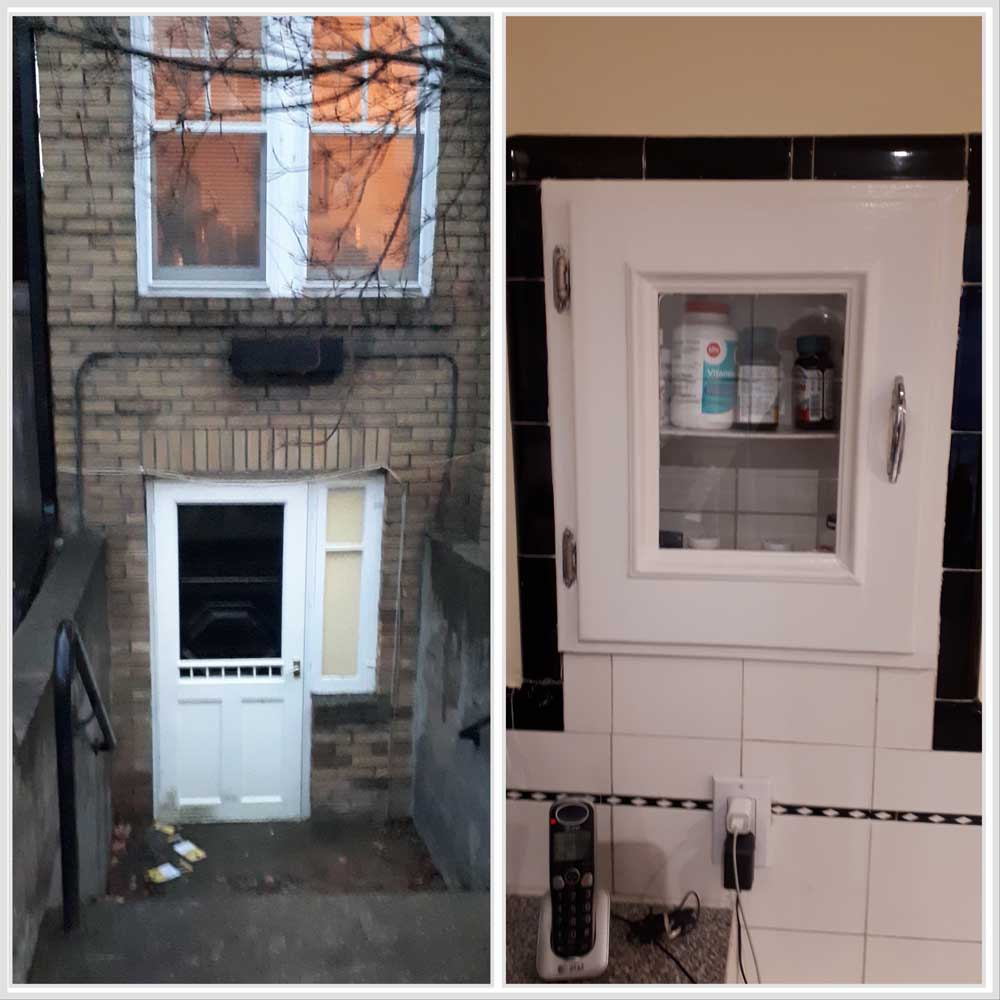 The patient entrance and built-in kitchen medicine cabinet. Photo Ted DeWelles.