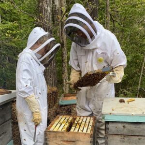 As you can imagine, it is neces- sary to be well suited up to avoid being stung when close to the hive. Photo Judy Marshall.