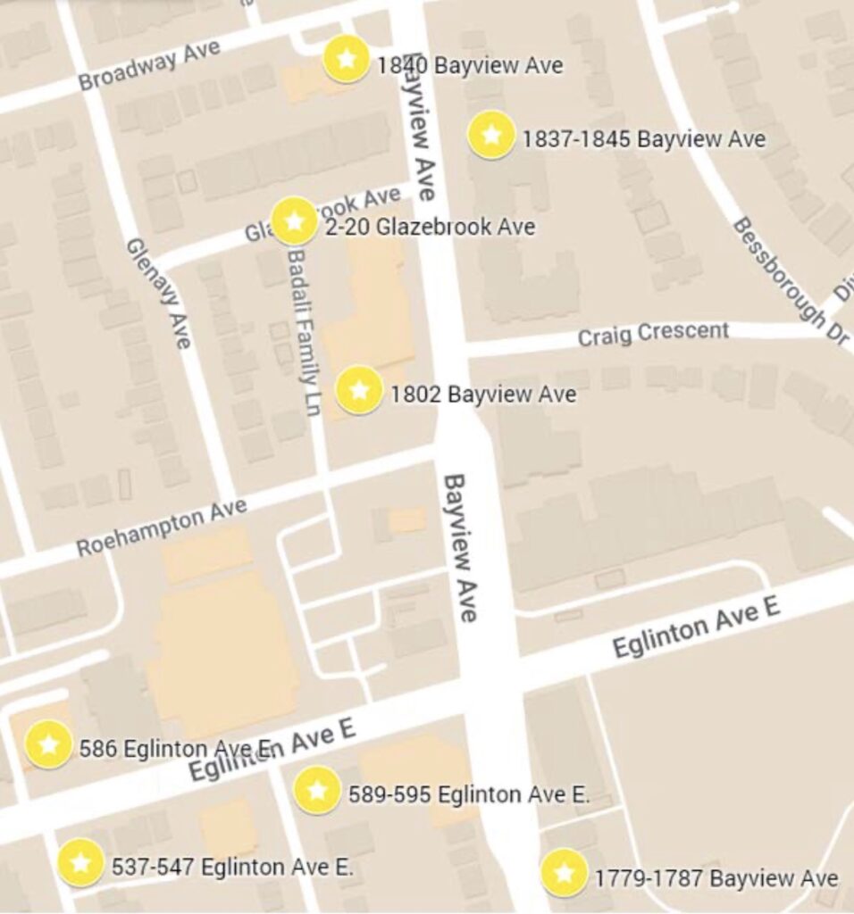 Map showing development at Bayview and Eglinton as of August 2023.