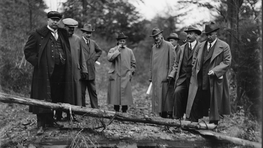 Sir Henry Pellatt (left) examining broken bridge prior to Leaside Manoeuvres, October 1913. Photo Toronto City Archives.