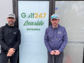 Golf 247 co-owners Adrian Saul and Dan Finkelstein at the entrance on Lea. Photo Janis Fertuck.