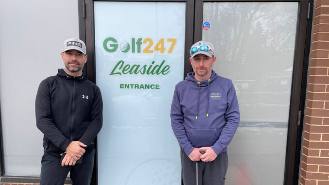 Golf 247 co-owners Adrian Saul and Dan Finkelstein at the entrance on Lea. Photo Janis Fertuck.